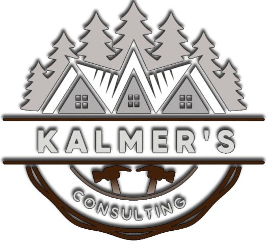 Kalmer&rsquo;s Consulting logo with gray mountain peaks, pine trees, and brown circular accents