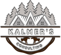 Kalmer&rsquo;s Consulting logo with gray mountain peaks, pine trees, and brown circular accents