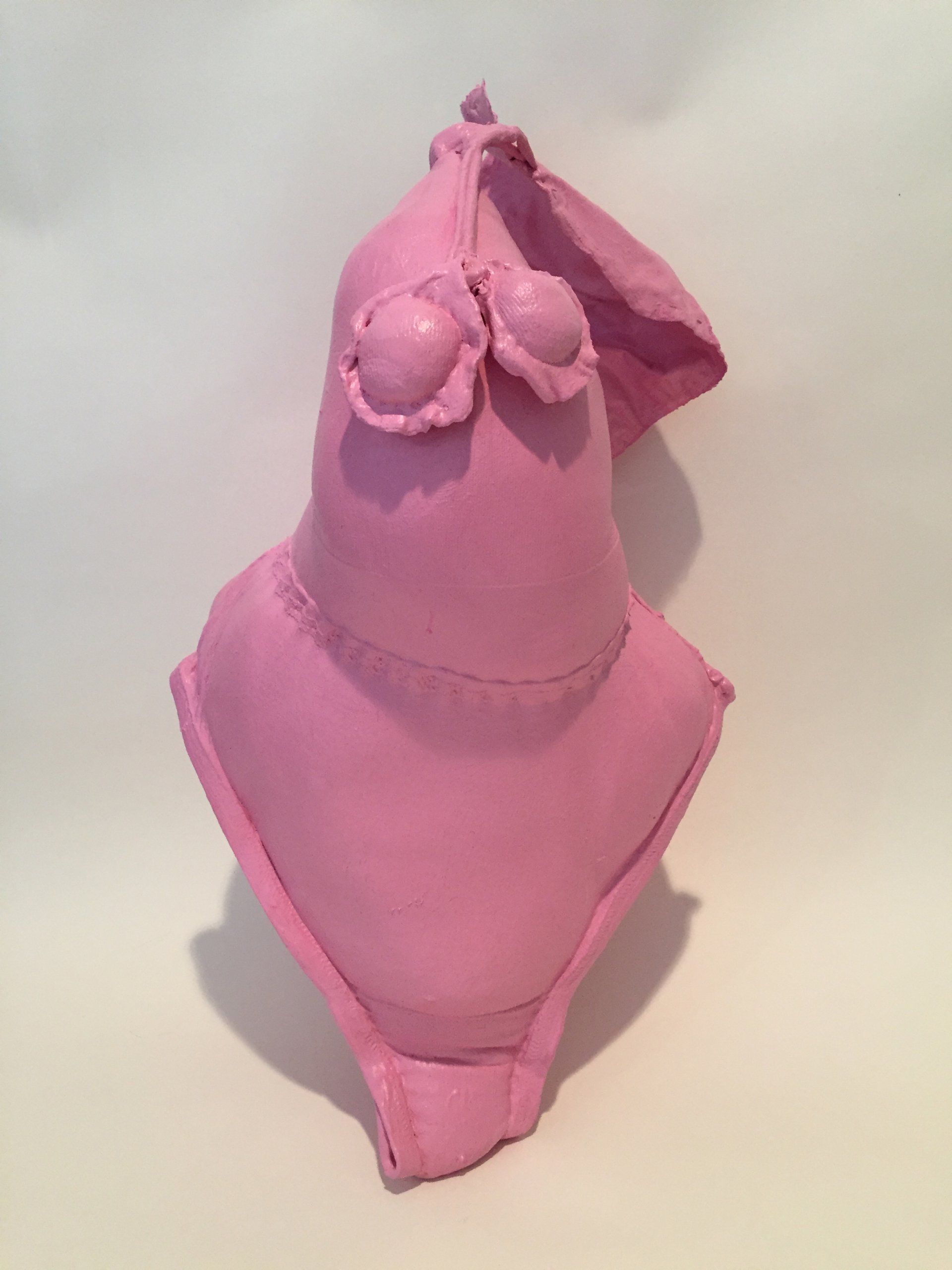 Repurposed underwear, cloth, soft stuffing, thread, gesso, acrylic paint, 2018