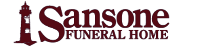 Sansone Funeral Home logo featuring a lighthouse, and the name "Sansone", "FUNERAL HOME". Dark red.