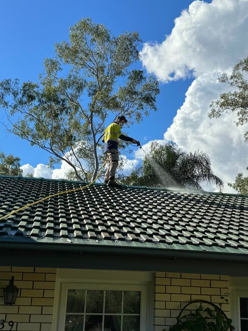 A man is cleaning the roof of a house with a high pressure washer.