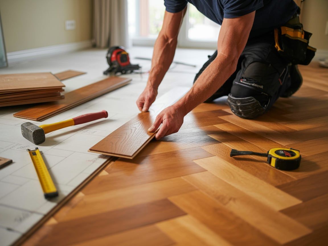 Person installing wood flooring, kneeling. Tools and materials are on the floor.
