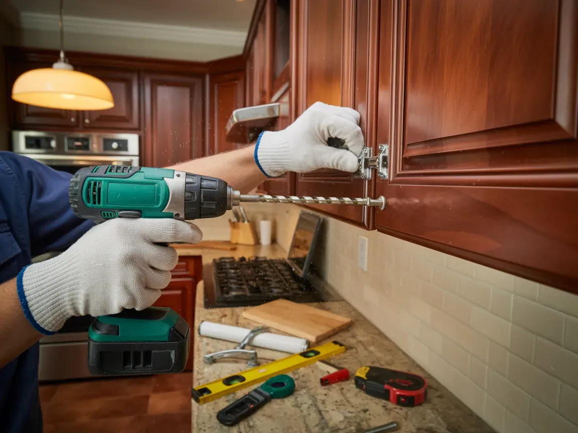 Person drilling cabinet door in kitchen with tools on countertop.