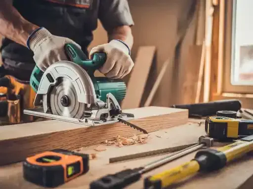 Carpenter using a circular saw to cut wood on a workbench.
