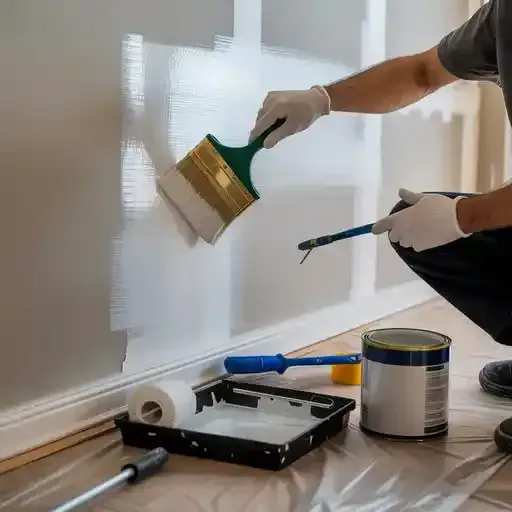 A man is painting a wall with a brush.