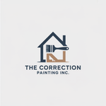 Logo for "The Correction Painting Inc." featuring a house silhouette with a paintbrush, in blue and tan.