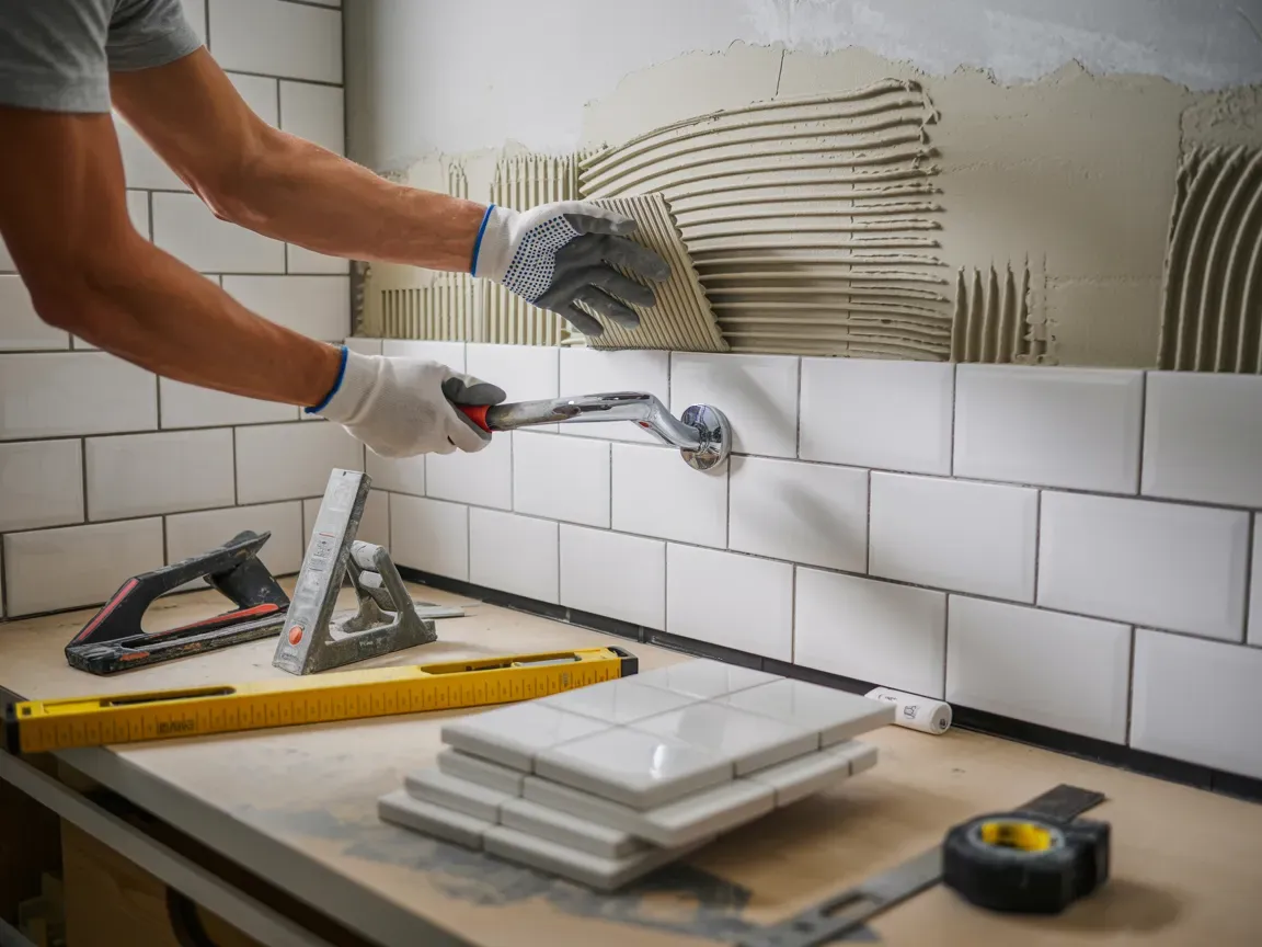 Person tiling white subway tiles on a wall. Trowel applies adhesive. Tools and tiles are on a countertop.
