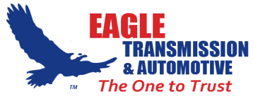 Logo for Eagle Transmission & Automotive. Features a blue eagle in flight next to red and blue text. 
