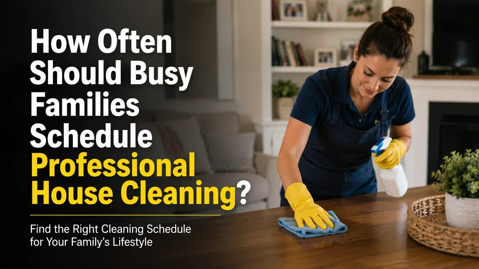 Professional house cleaning services being performed in a tidy, modern living room.