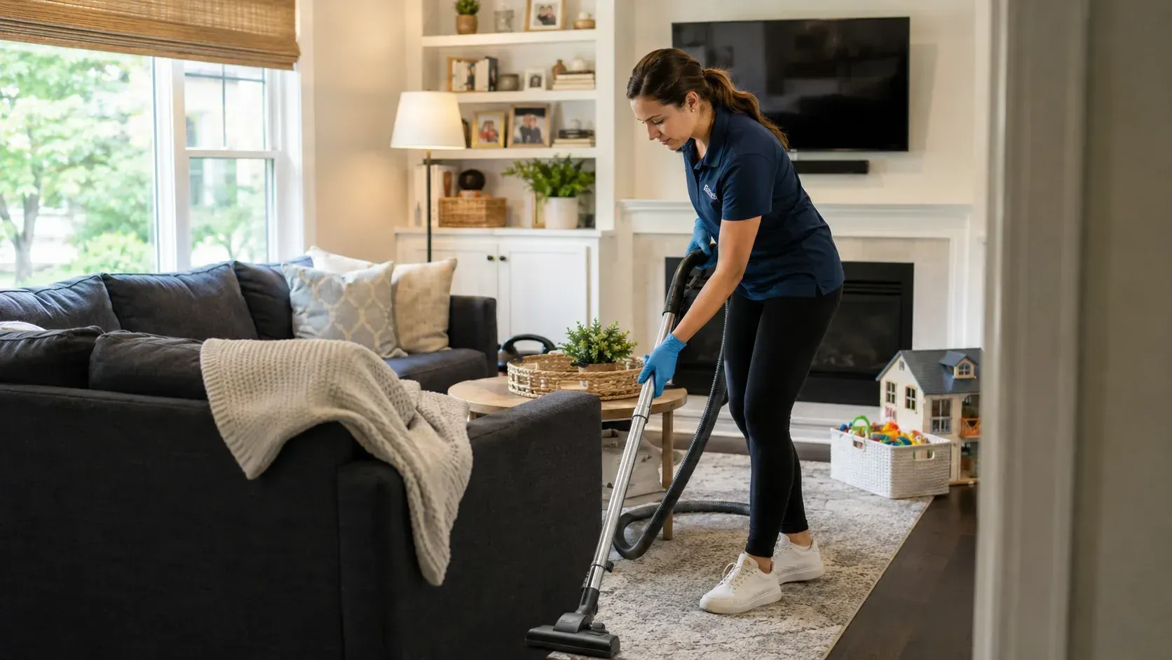 Professional house cleaning services being performed in a modern living room.