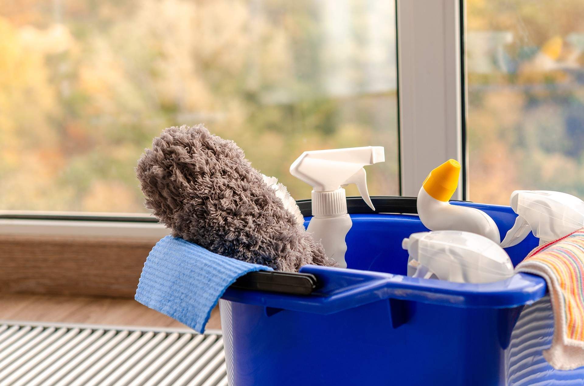 Blue bucket with cleaning supplies, including spray bottles, cloths, and a mop, by a window.