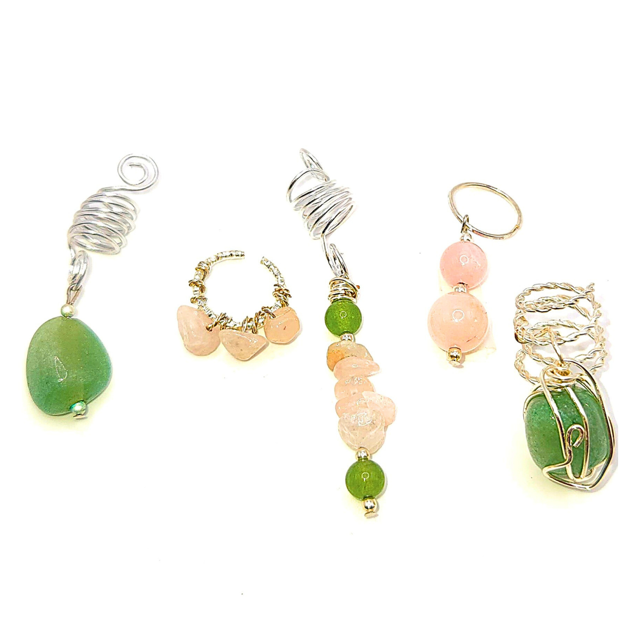Green Aventurine Rose Quartz Crystal Hair Jewelry Set