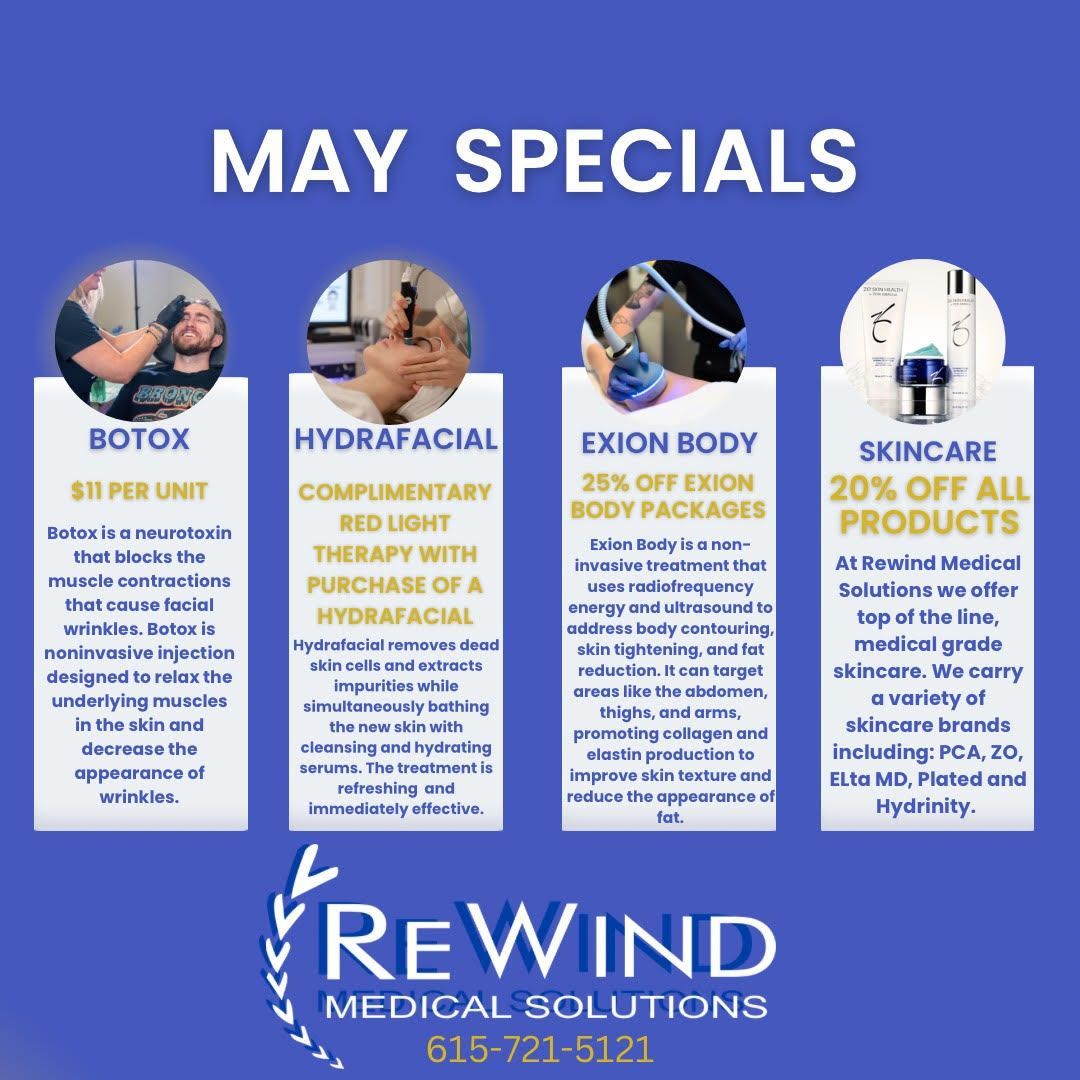 An advertisement for april specials from rewind medical solutions