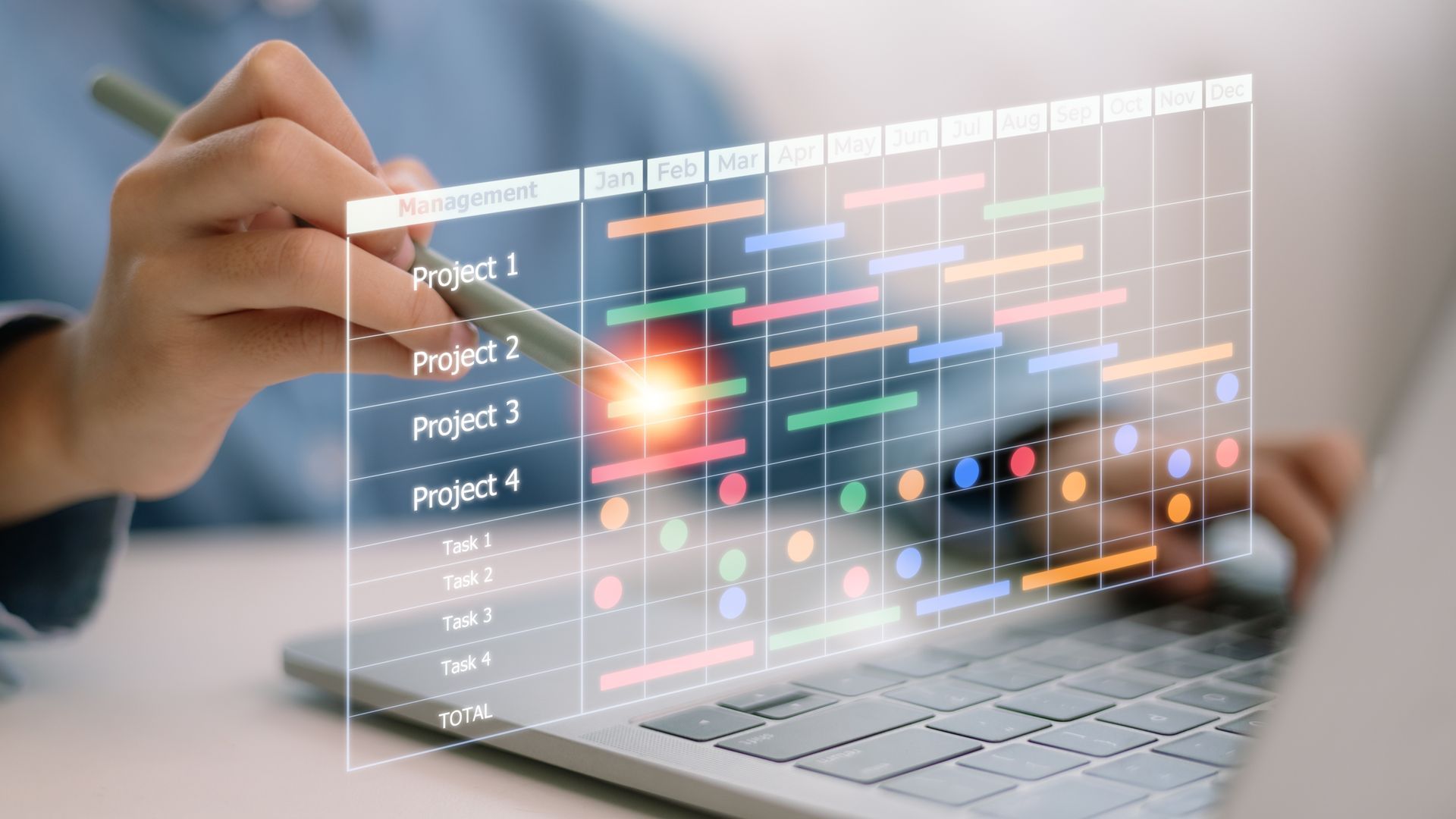 A person is using a laptop computer with a project plan on the screen.