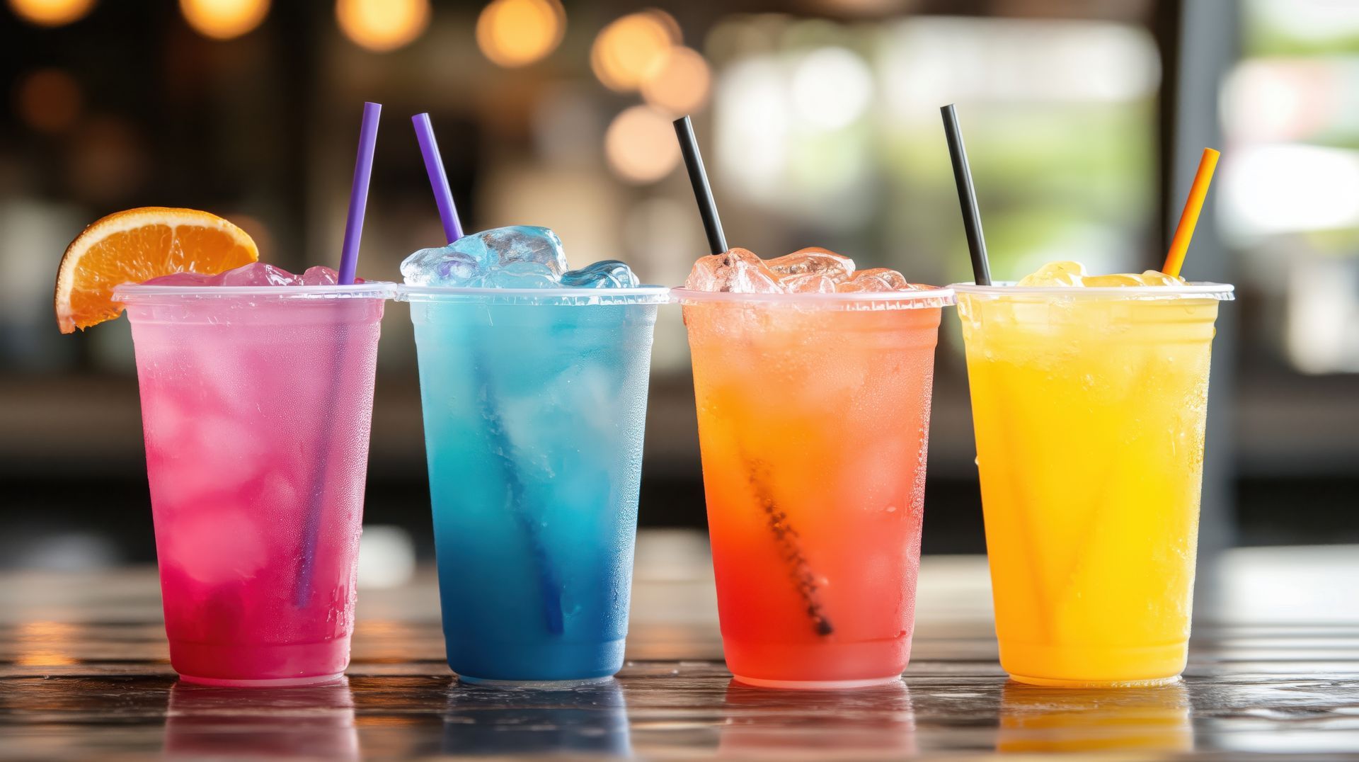 Four colorful drinks are lined up on a wooden table.