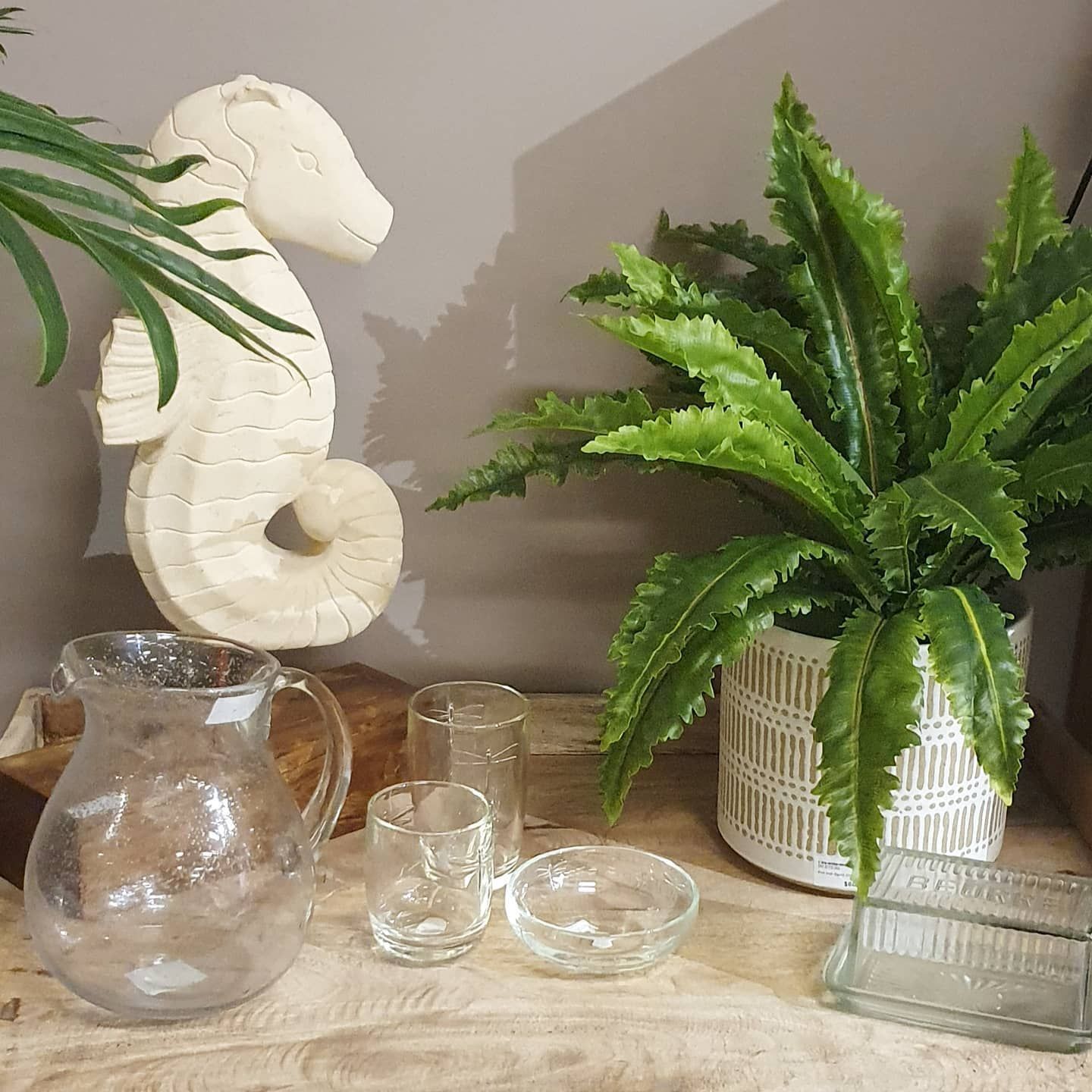 Seahorse Carving, Glass Pitcher, and Bowls — Tropic Living in Trinity Park, QLD