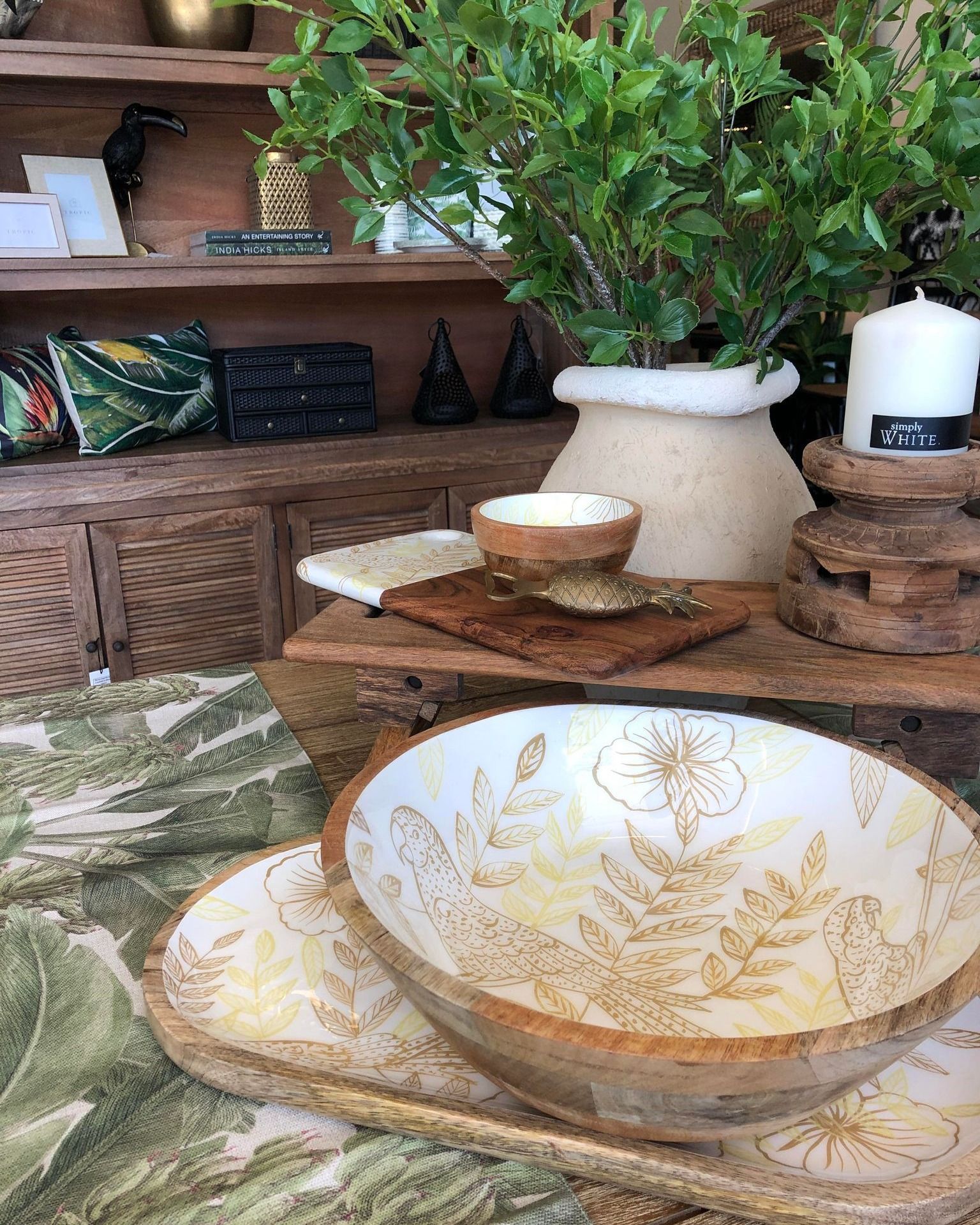 Wooden Bowls and Gold-Leaf Tray on Shop Display — Tropic Living in Trinity Park, QLD