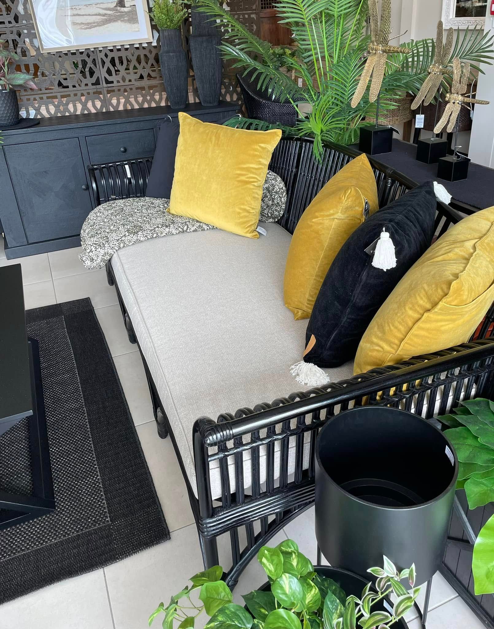Black Wicker Sofa with Yellow and Black Cushions, Surrounded by Plants — Tropic Living in Kewarra Beach, QLD