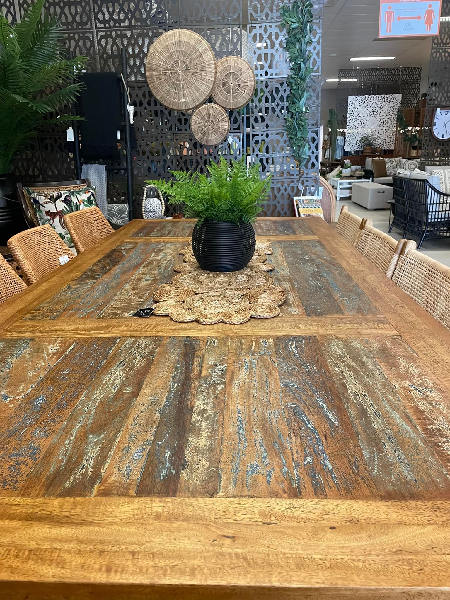 Rustic Wooden Dining Table with Fern Centerpiece and Rattan Chairs in A Furniture Store — Tropic Living in Mossman, QLD