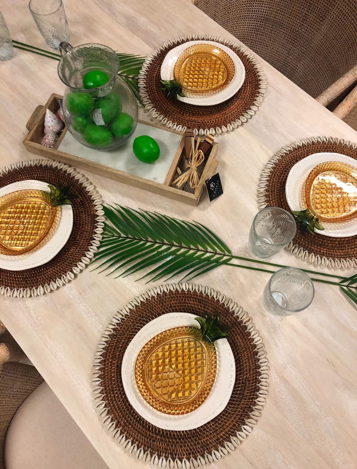 Table Setting with Pineapple-Shaped Plates on Woven Placemats — Tropic Living in Palm Cove, QLD
