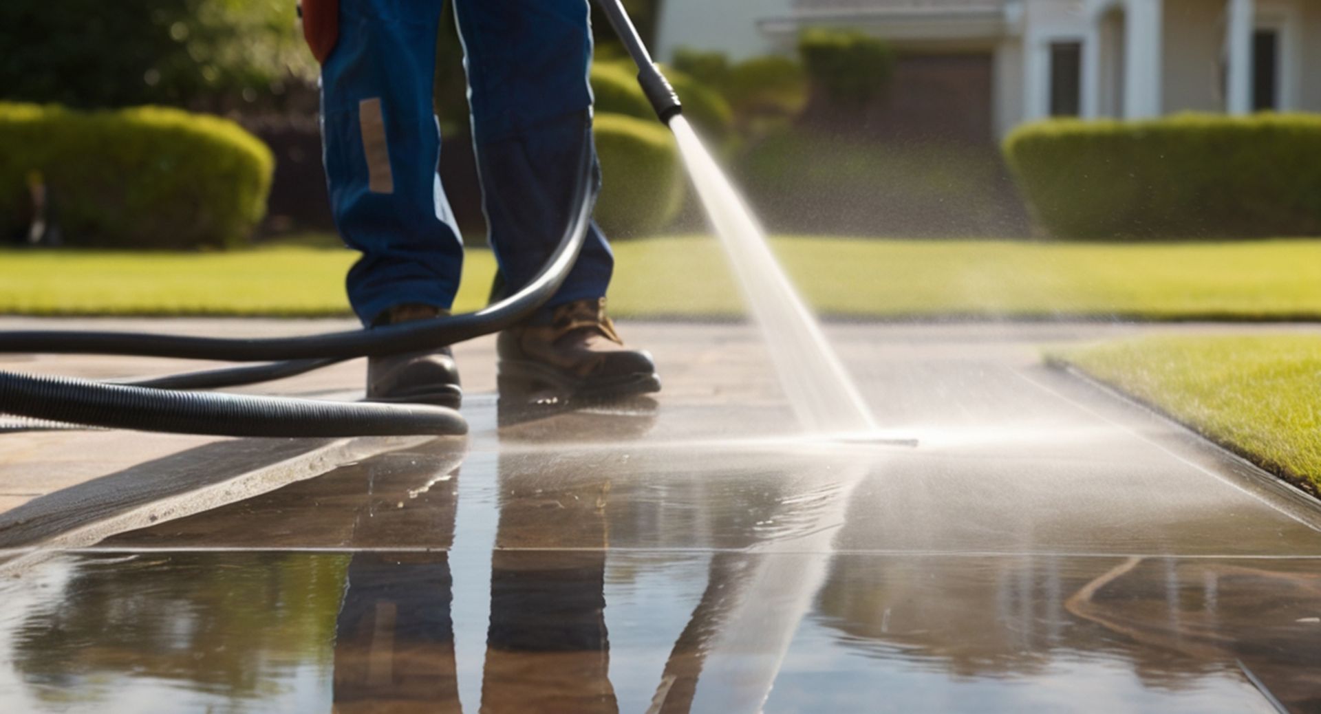 Person in blue overalls power washing a paved walkway, causing water spray and reflection.