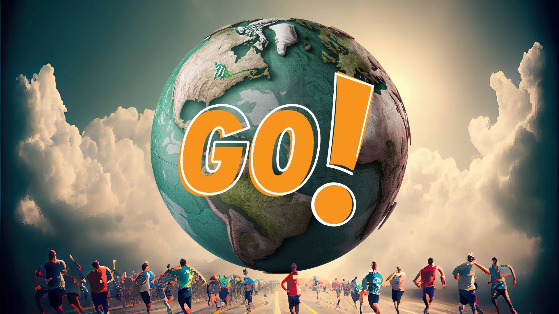 Graphic of planet earth with Go in large orange letters and people running under it - Mosaic Church, Freeport, FL