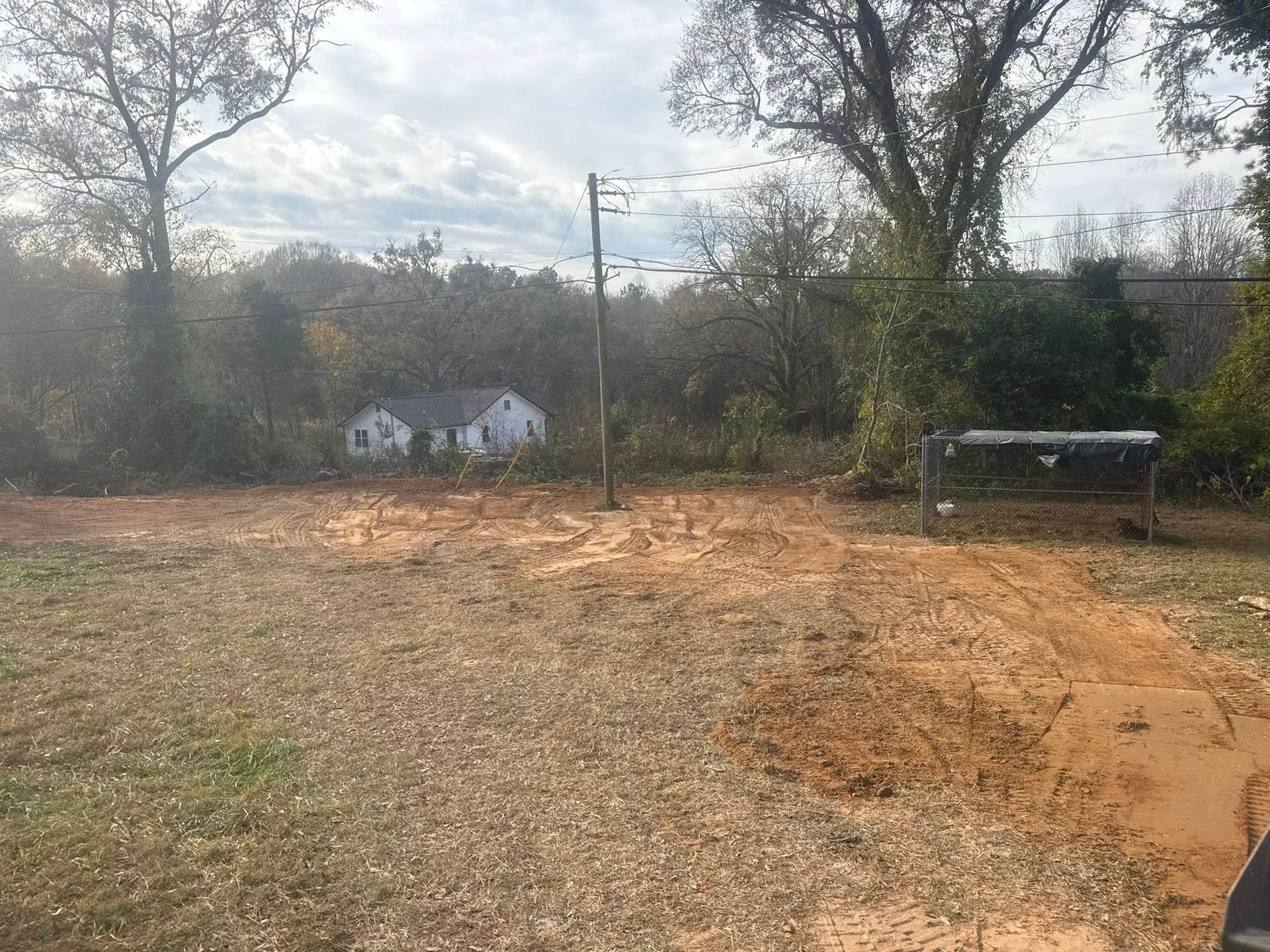 Cleared land with two white houses in the distance, a power pole, and trees.