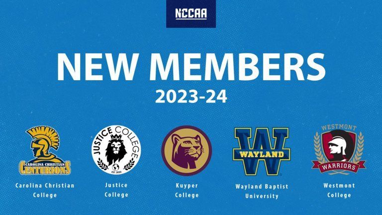 NCCAA graphic announces new members for 2023-24: Carolina Christian, Justice, Kuper, Wayland, and Westmont Colleges.