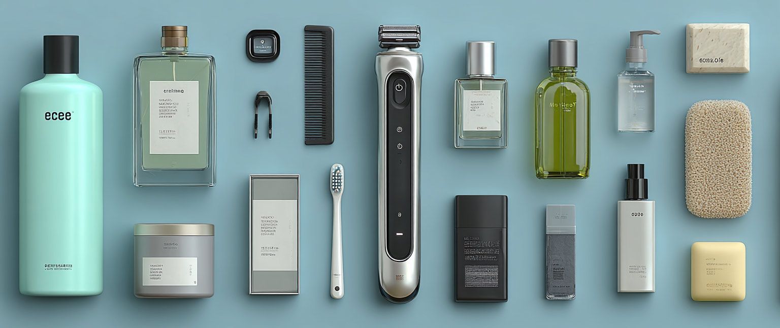 Collection of grooming products, including bottles, a comb, a razor, and soap, arranged on a blue surface.