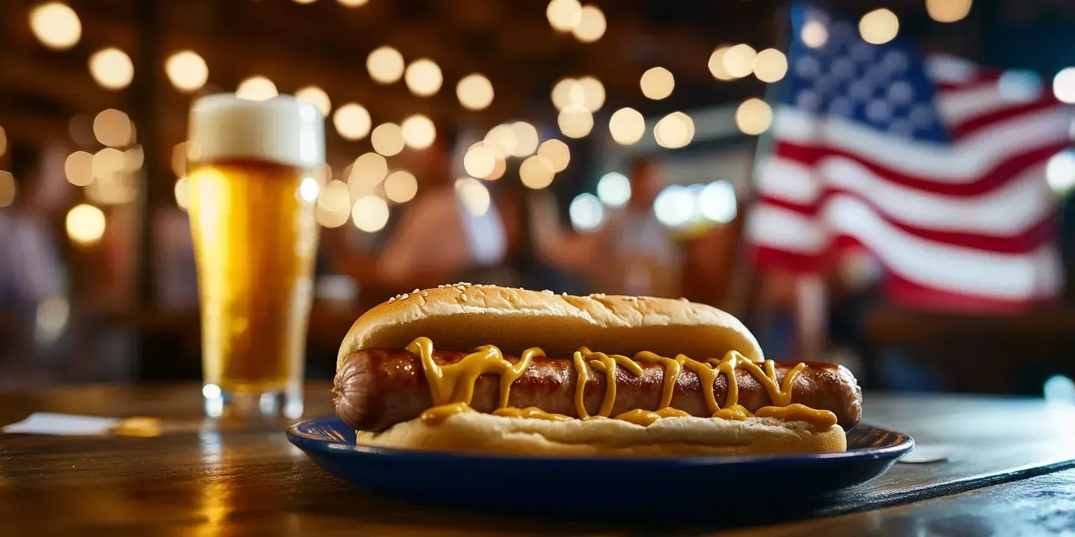 A hot dog with mustard and a glass of beer on a table.