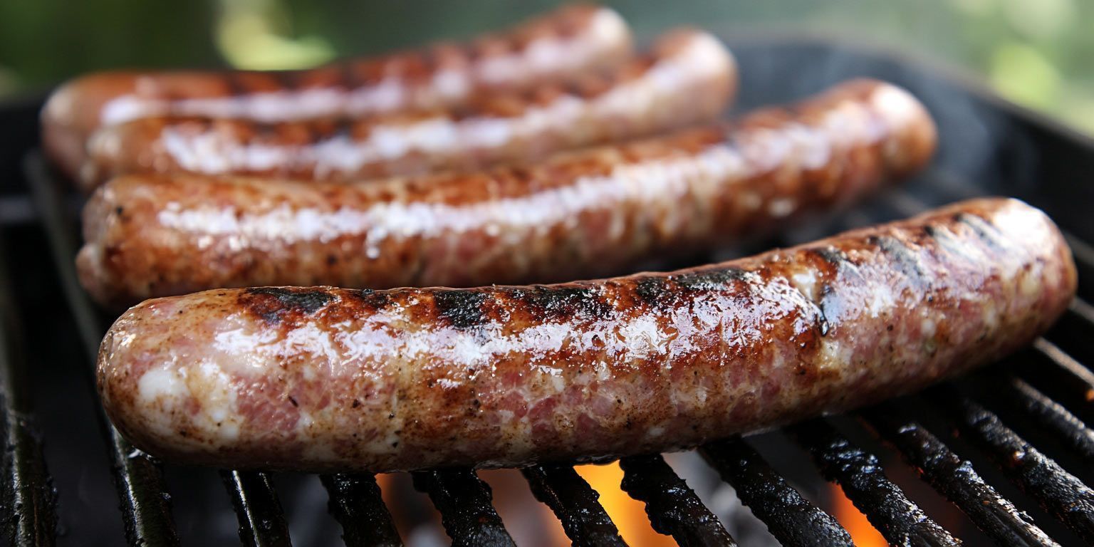 Four sausages are cooking on a grill with flames
