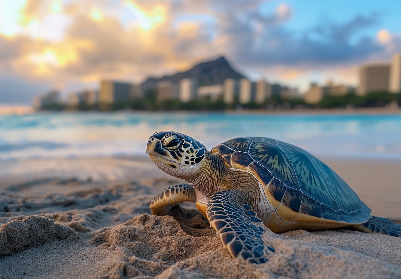 A sea turtle is crawling on the beach near the ocean.