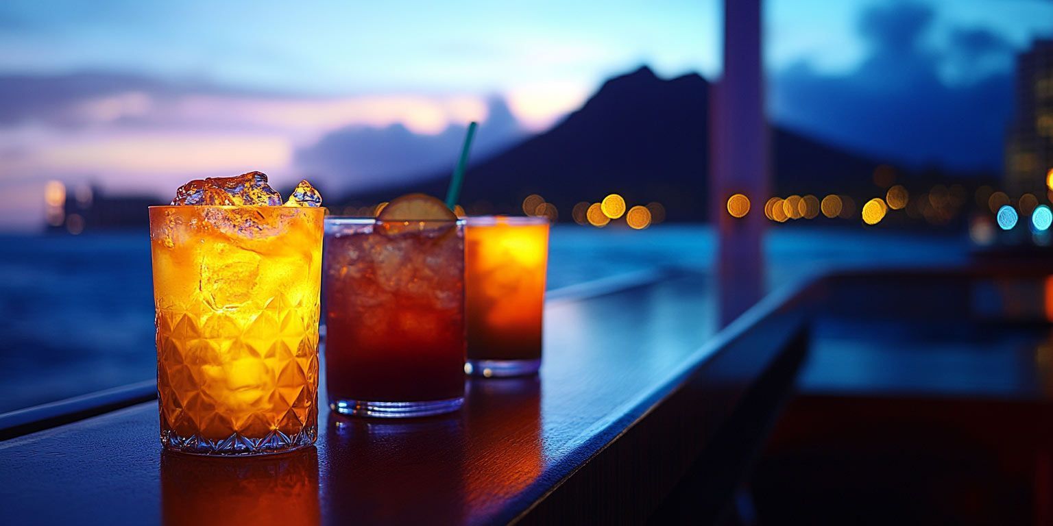 Three drinks on a bar with the ocean in the background