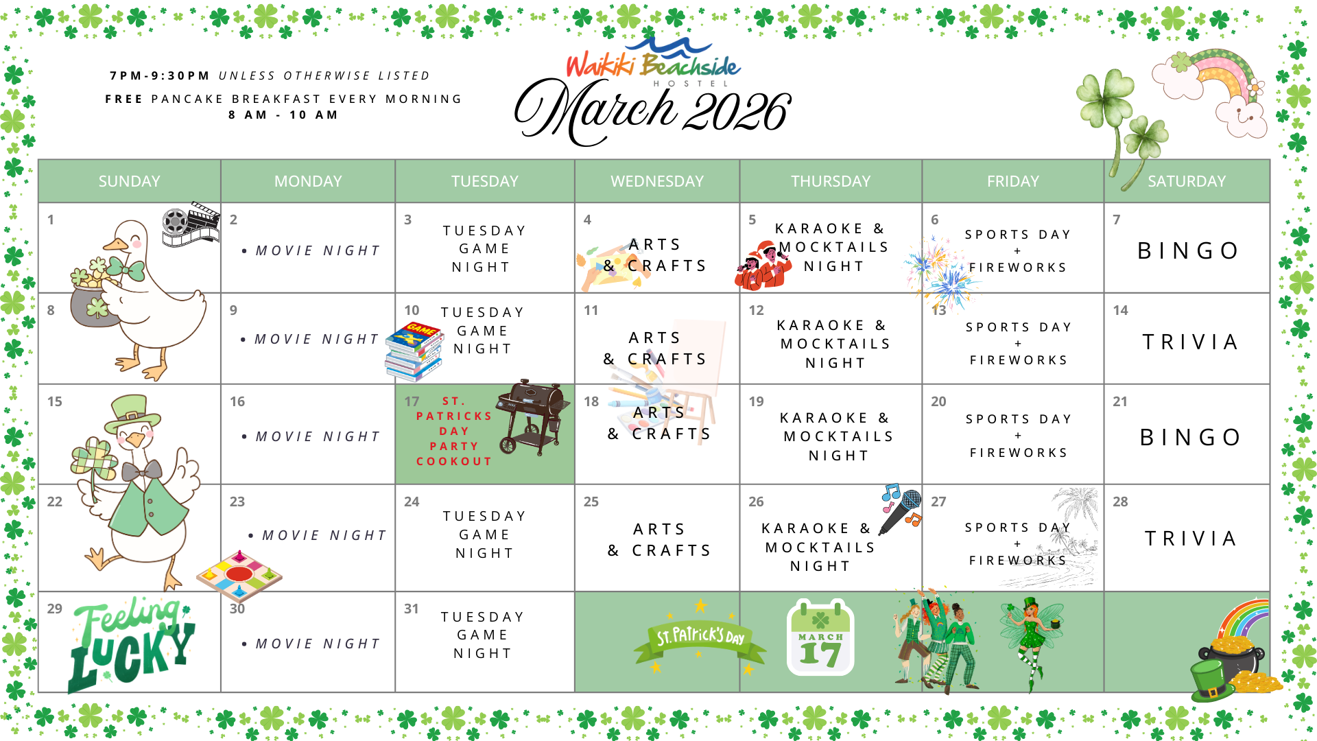Calendar with events listed by day of the week, including movie night, bingo, arts and crafts.