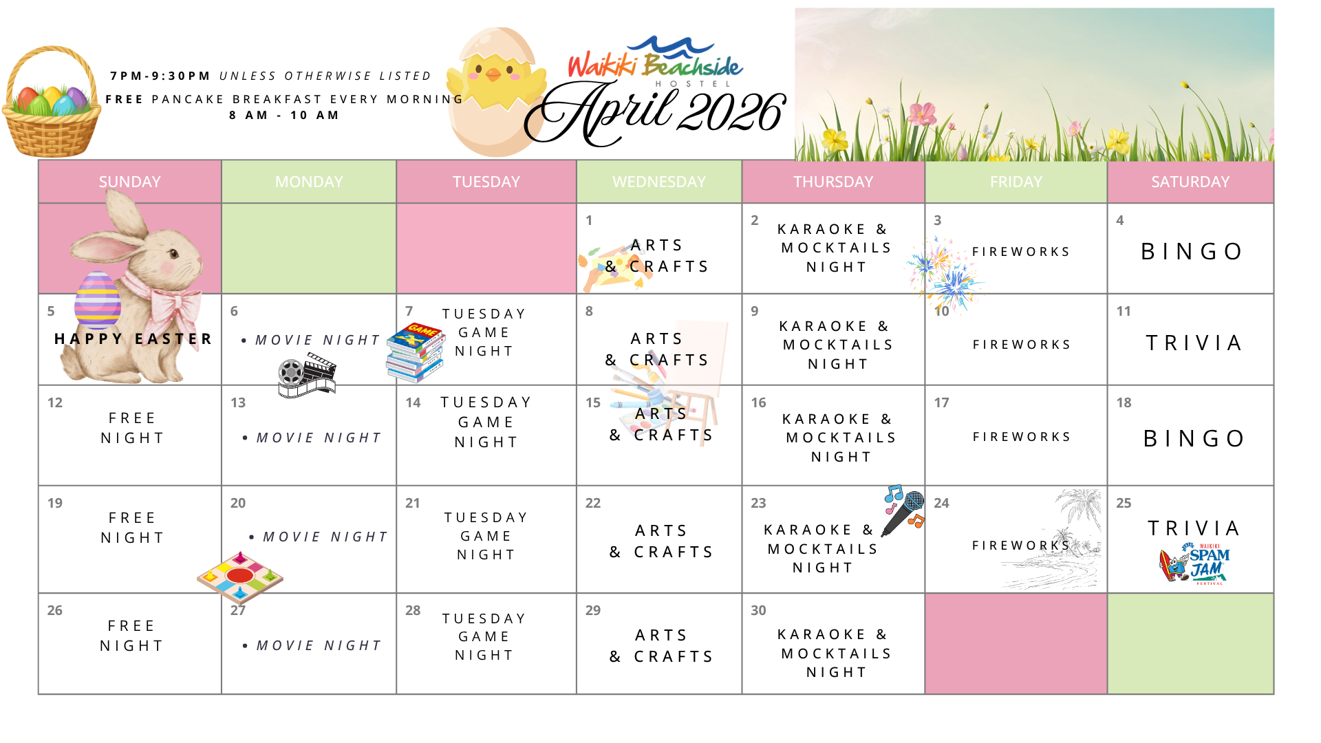 Calendar with events listed by day of the week, including movie night, bingo, arts and crafts.