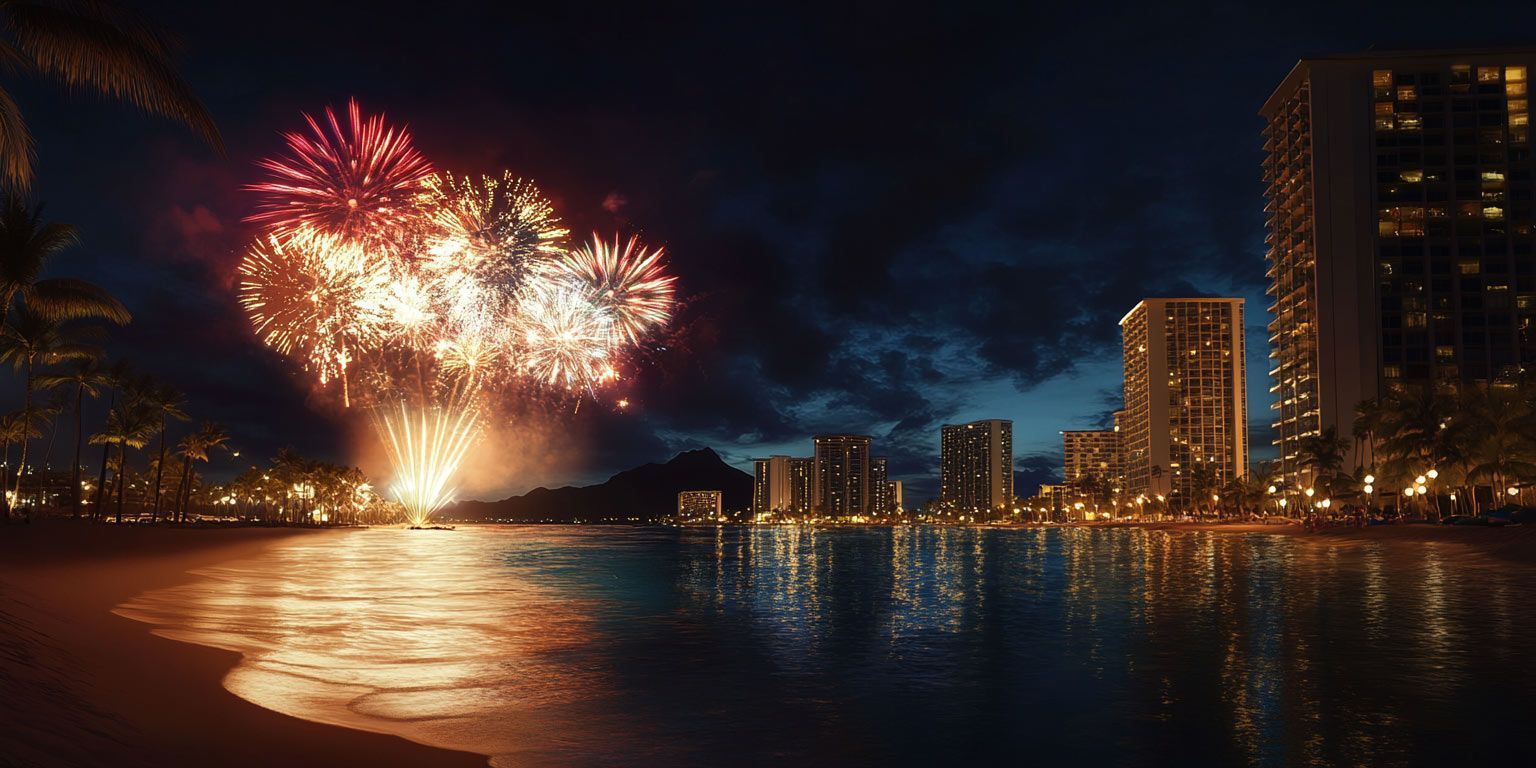 A fireworks display over a city at night with a beach in the foreground.
