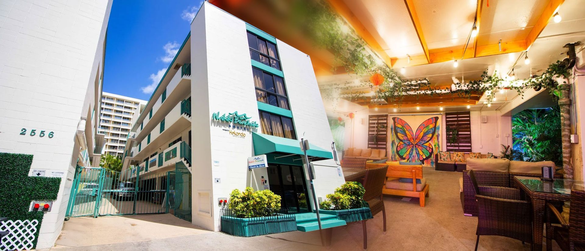 Exterior of a white building and the interior of the hostel with a butterfly mural.