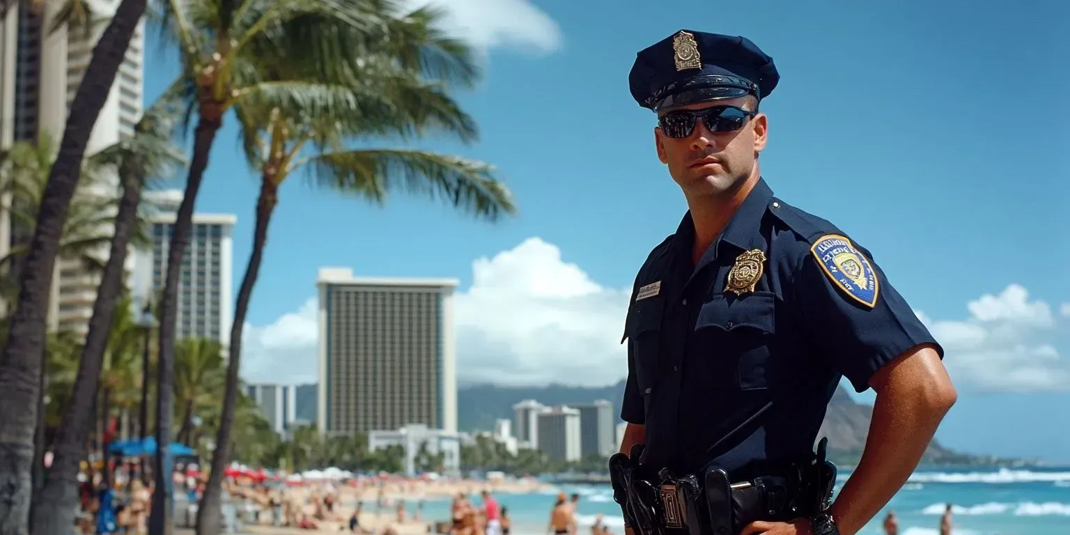 A police officer standing on a beach with palm trees in the background