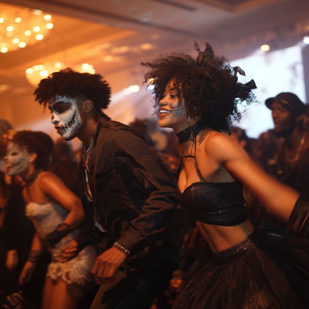 People dancing at a Halloween party, with face paint and dark attire. Dim lighting, festive mood.