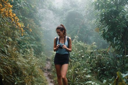A woman is walking down a path in the woods with a camera.