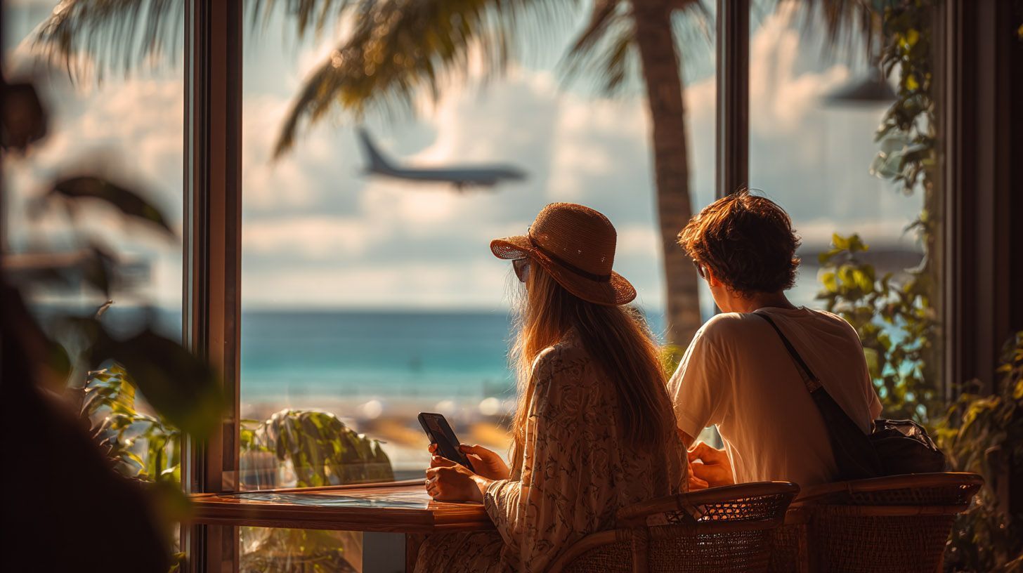 Couple at window looking out at ocean and plane. Palm trees, blue water, sunny day.