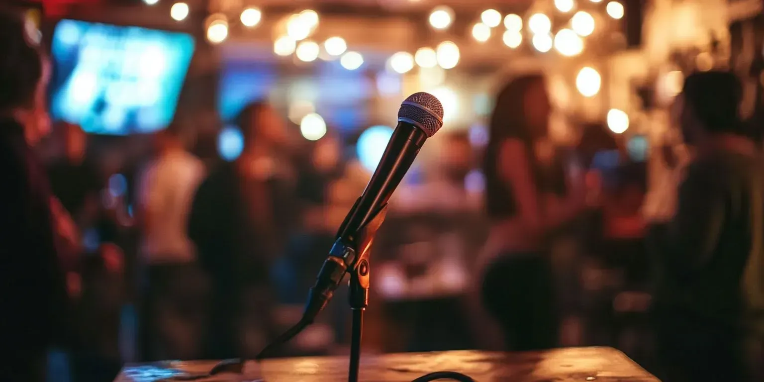 A microphone is sitting on a table in front of a crowd of people.