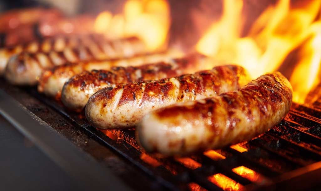 Sausages grilling over open flames on a barbecue.