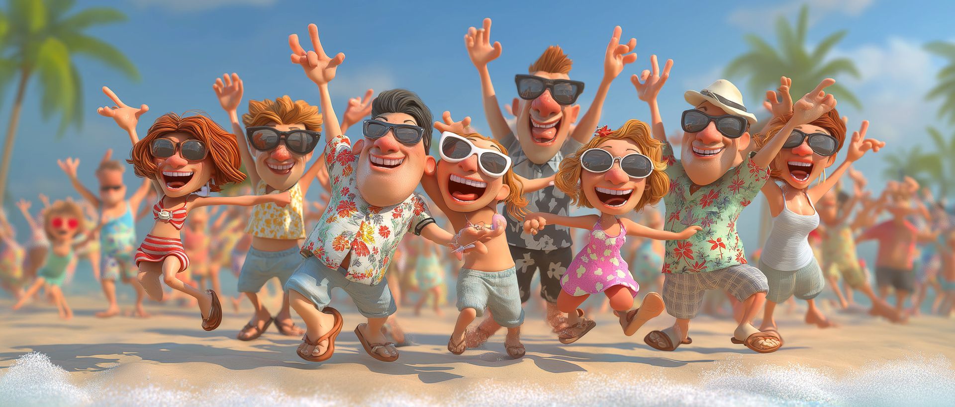 Cartoon people celebrate on a beach, arms raised, wearing sunglasses and tropical attire. Blue sky, palm trees, sand.