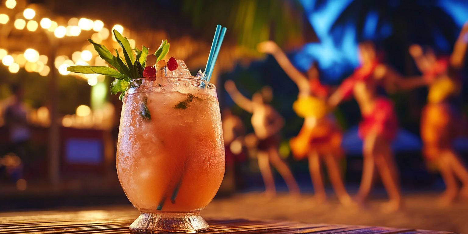 A close up of a cocktail on a table with people dancing in the background.