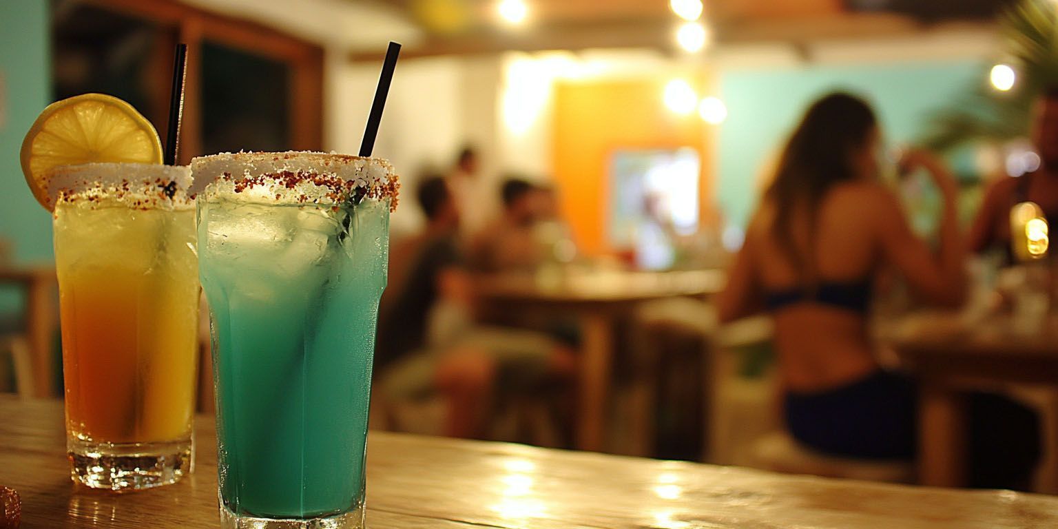 Three drinks are sitting on a bar with a woman in a bikini in the background.