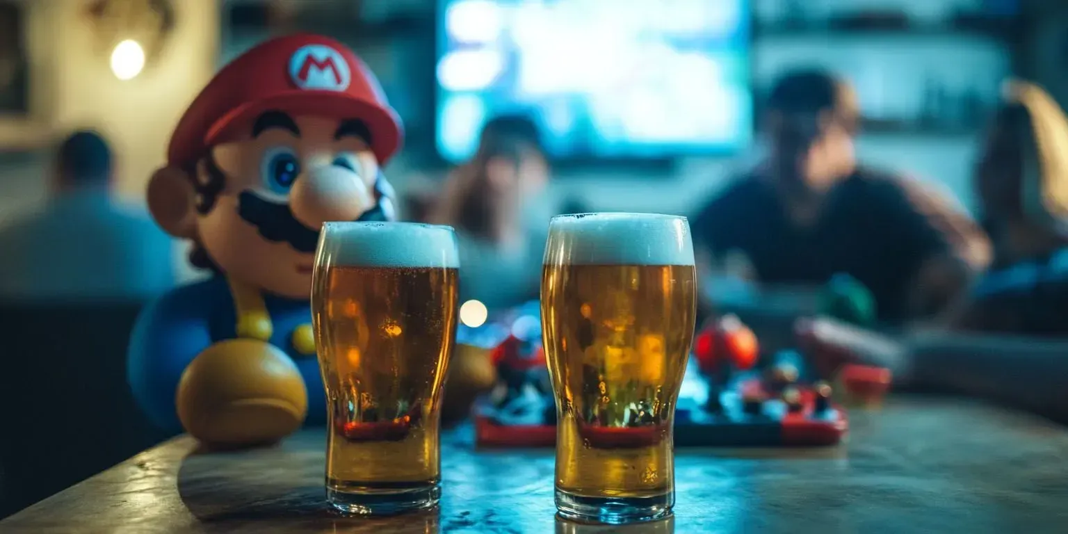 Two glasses of beer are sitting on a table next to a mario doll.