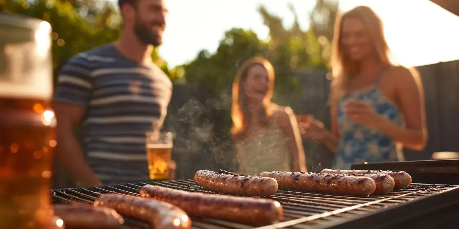 A group of people are standing around a grill cooking sausages.