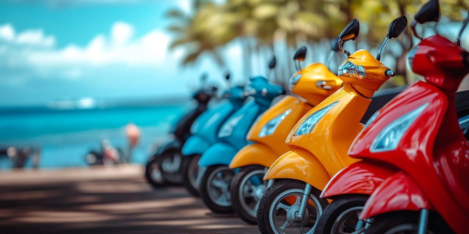 A row of colorful scooters parked next to each other on a beach.