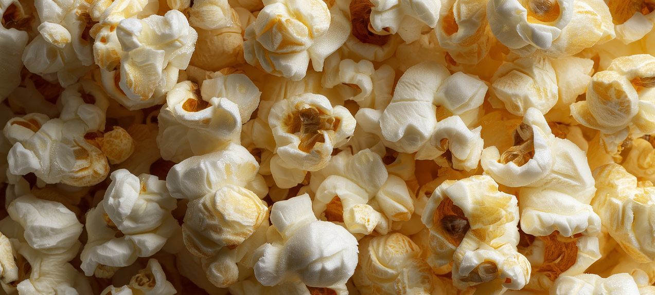 Close-up of fluffy, white and golden-brown popcorn kernels.